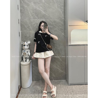 Set áo đen đính nơ cổ bẻ mix quần đùi tacta kem