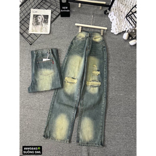Quần jean nữ ống rộng dáng suông dài wash rách trên gối J5645 -Jean m7