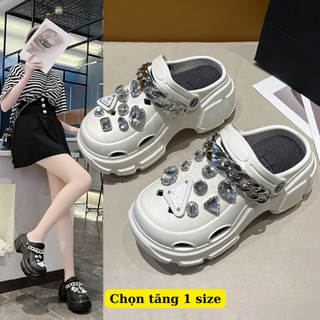 Sục cross độn đế 6,5cm gắn Xích Đá, Dép sục nữ kèm sticker Xích kèm 18 charm chọn tăng 1 size