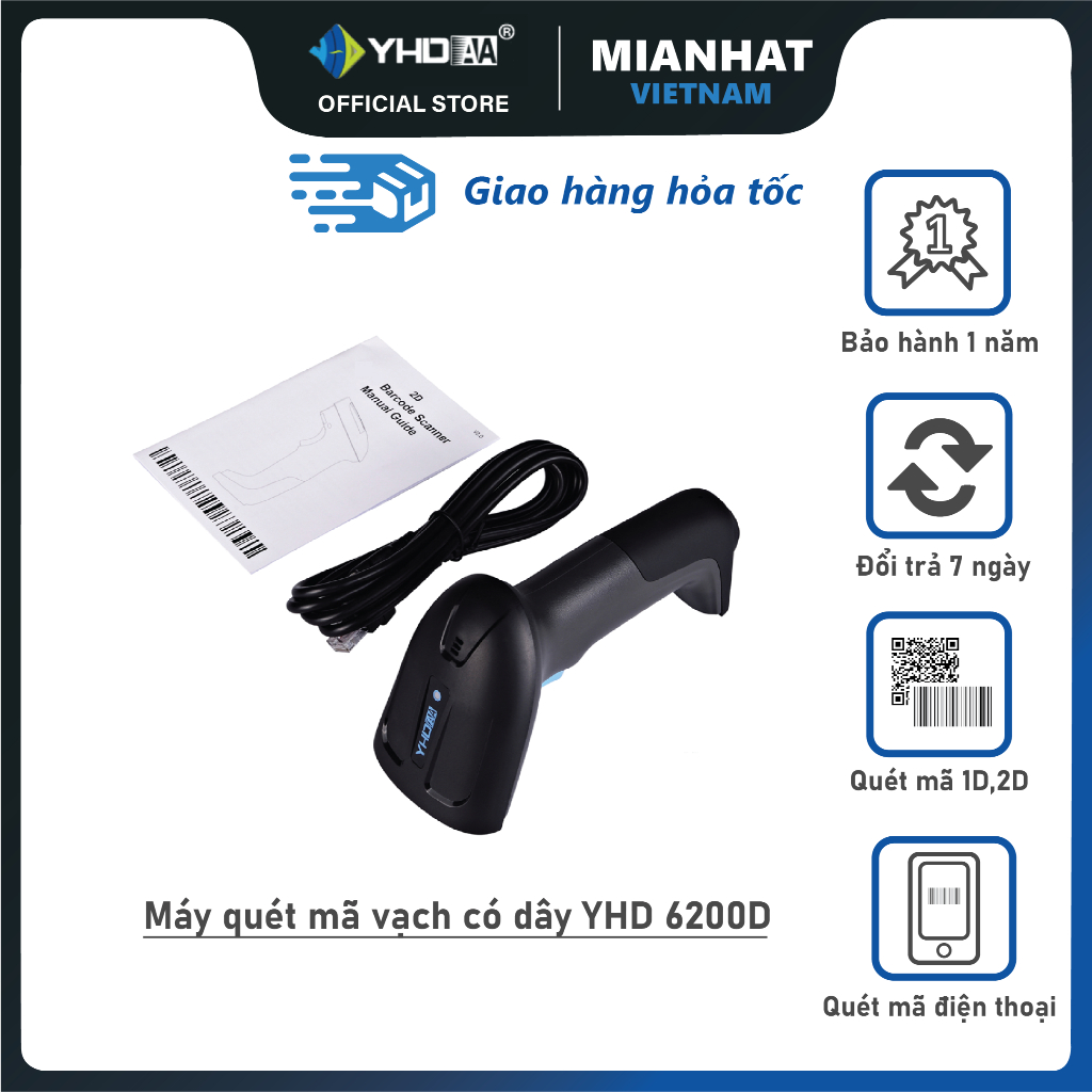 Máy quét mã vạch có dây YHD 6200D 2D - Máy đọc mã vạch Barcode(1D), Qrcode(2D) dùng dây trực tiếp tr