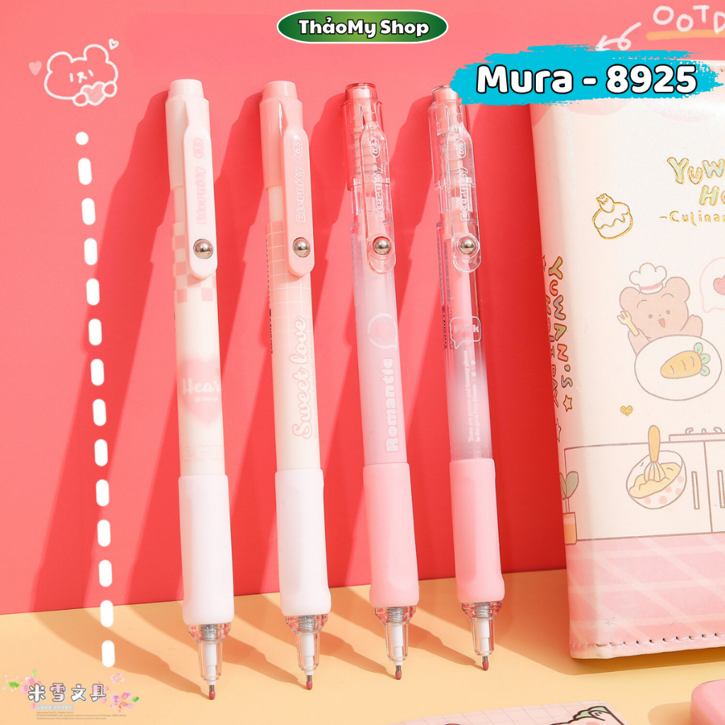 Set 4 bút gel MURA Sweet Love cực xinh bút bi bấm MURA 8925 mực đen ngòi 0.5mm có thể thay nạp mực