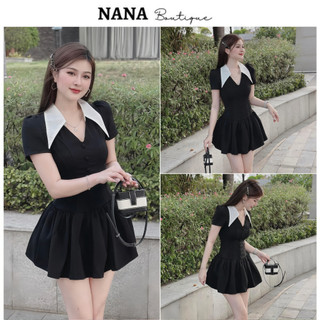 Váy dáng xòe ôm eo cổ vát nhọn chữ V phối cúc, váy tiểu thư xinh xắn điệu đà