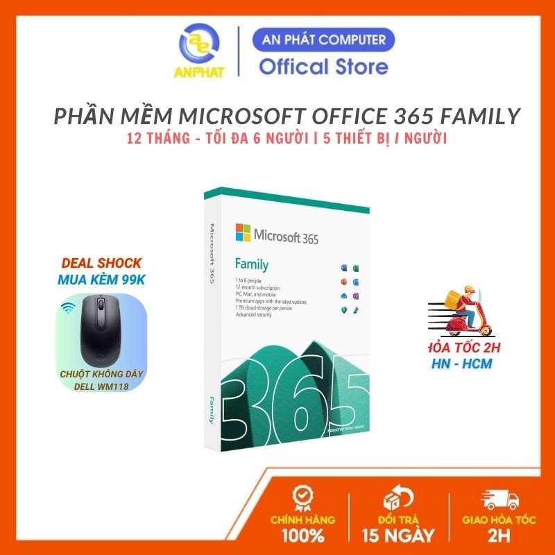 Phần mềm Microsoft Office 365 Family |12 tháng | tối đa 6 người |5 thiết bị/người |Word, Excel, PowerPoint |1TB OneDrive
