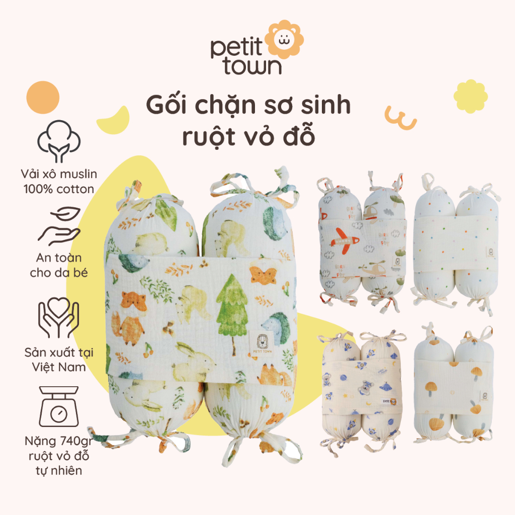Gối Chặn Vỏ Đỗ Vải Xô Muslin Petit Town Nhiều Hoạ Tiết