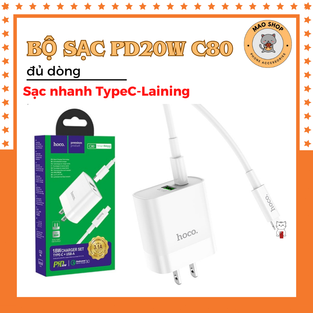 Bộ Sạc Nhanh Hoco C80 2 Cổng Hỗ Trợ Sạc Nhanh PD 20W - QC3.0 - Bảo hành 12 tháng