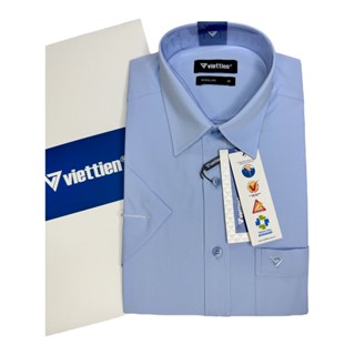 Áo sơ mi nam cộc tay Việt Tiến màu xanh nhạt ( giá mác 440k) có size lớn Regular vạt ngang