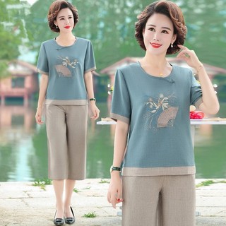Bộ mặc nhà trung niên chất liệu đũi thái họa tiết thêu, dáng áo ngắn tay quần lửng sang trong lịch sự cho bà cho mẹ