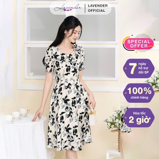Đầm công sở thiết kế LAVENDER FASHION  cuốn hoa họa tiết kem xanh dáng xòe D3067