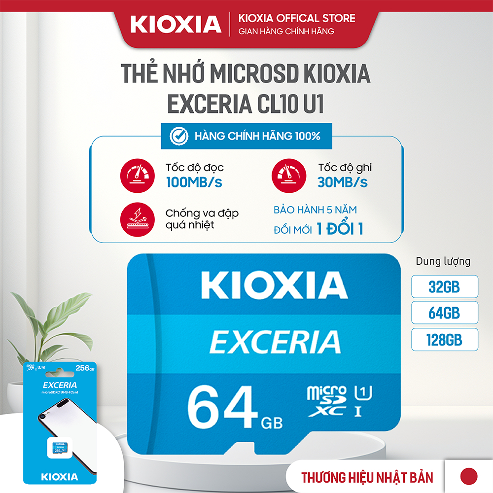 Thẻ nhớ camera, điện thoại Kioxia 256GB/128GB/64GB/32GB UHS-1 C10 đọc 100MB/s- Exceria/Exceria G2