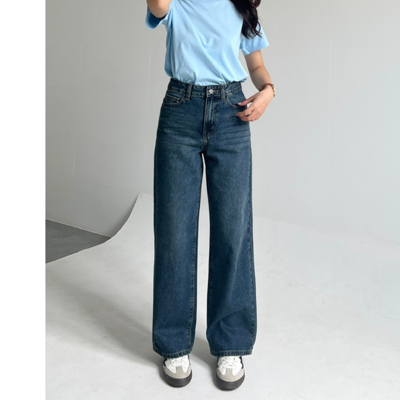 Quần Jean Suông L-03B Không Co Giãn, Lưng Cạp Cao, Màu Xanh Trầm Ánh Rêu Có Wash Hông/Đùi/Mông | BigBuy360 - bigbuy360.vn