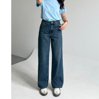 Quần Jean Suông L-03B Không Co Giãn, Lưng Cạp Cao, Màu Xanh Trầm Ánh Rêu Có Wash Hông/Đùi/Mông