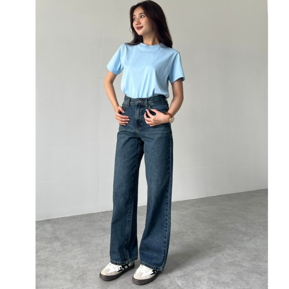 Quần Jean Suông L-03B Không Co Giãn, Lưng Cạp Cao, Màu Xanh Trầm Ánh Rêu Có Wash Hông/Đùi/Mông | BigBuy360 - bigbuy360.vn