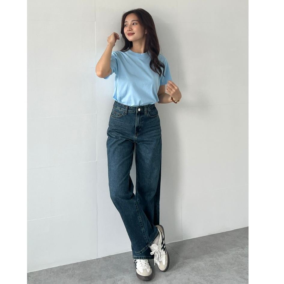 Quần Jean Suông L-03B Không Co Giãn, Lưng Cạp Cao, Màu Xanh Trầm Ánh Rêu Có Wash Hông/Đùi/Mông | BigBuy360 - bigbuy360.vn