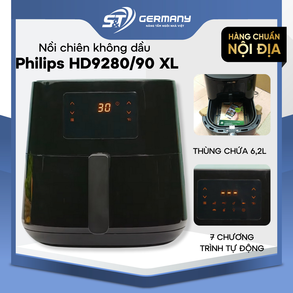 Nồi chiên không dầu Philips HD9280/90 XL màu đen, nồi chiên không dầu tự động Nhập Philips Việt Nam 