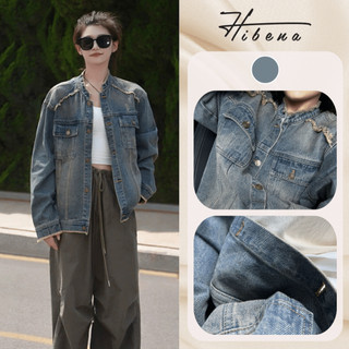 Áo Khoác Jean Nữ Form Rộng, Áo Khoác Retro Bò Demin Nữ Phong Cách Unisex Túi Hộp A01 Màu Xanh Hibena