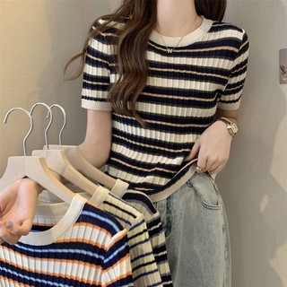 Áo thun dệt kim nữ tay ngắn kiểu kẻ ngang cổ tròn len mongtoghi dáng croptop ôm body hàng Quảng Châu