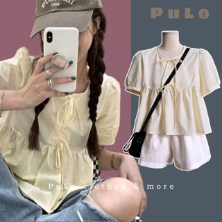 Áo babydoll vàng pastel cổ tròn thắt nơ tay bồng A108