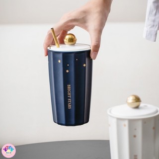 Ly cốc sứ bright stars có nắp - bộ quà tặng ly sứ sang trọng kèm ống hút và thìa 450ml