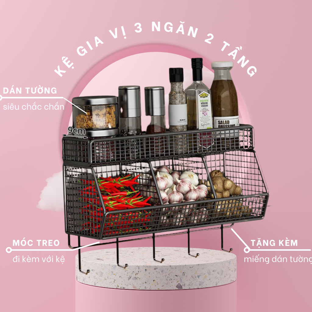 kệ đựng gia vị 3 ngăn 2 tầng- Kệ- khay đựng hành tỏi gia vị tiện ích( tặng miếng dán)