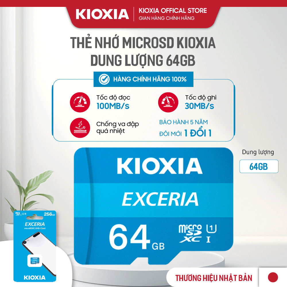Thẻ nhớ 64GB KIOXIA Micro SDHC Class 10 UHS-I đọc 100mb/s ghi 30mb/s - Hàng Chính Hãng