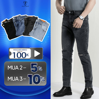 Quần jeans nam,quần jeans dáng ôm Polido kiểu dáng rách gối chất vải mềm mịn co giãn thoải mái bền màu