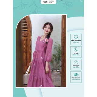 Đầm babydoll dài hồng ODS thiết kế 3 lớp tầng, đính nơ rải toàn thân, cổ V, tay phồng lỡ trẻ trung cá tính - DL5