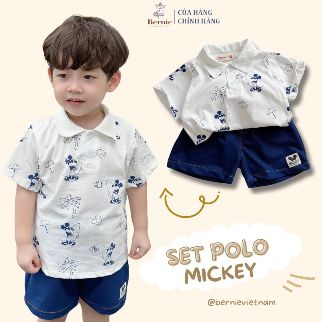Set bộ bé trai áo thun polo trắng họa tiết mickey và quần cotton giống jean bò 1đến 7 tuổi BERNIE