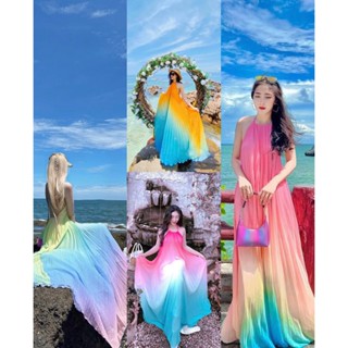 Váy maxi cổ yếm dập ly loang màu đi biển xinh đẹp đầm nữ maxi dễ thương cá tính