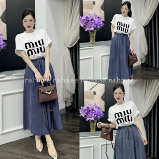 Set váy nữ dài đi chơi dạo phố dự tiệc Nahouse set đồ nữ chân váy jean kèm áo trắng thiết kế đẹp xinh xịn và sang trọng