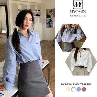 Áo sơ mi thô tay dài thêu trái tim, phong cách trẻ trung hiện đại hyominstore.vn
