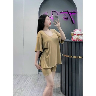 Sét bộ áo rộng cổ tim xẻ tà, tay lửng, quần đùi ôm, thun gân tăm lạnh co giãn