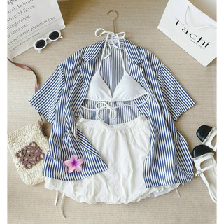 Sp021778 set 3 món: khoác sơ mi kẻ sọc + bra cổ yếm trắng + short trắng thắt nơ