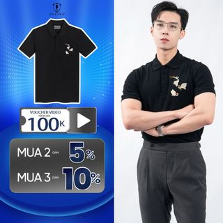 Áo polo nam POLIDO thêu hạc ở ngực màu đen chất cotton thoáng mát thấm hút mồ hôi tốt co giãn 4 chiều phom slimfit
