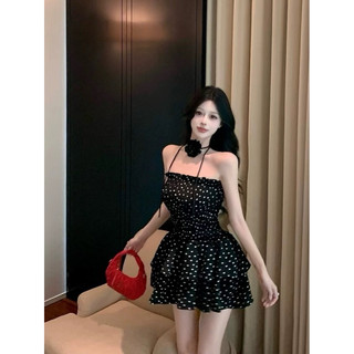 Váy ống chấm bi đen mùa hè nữ ngọt ngào khí chất Váy nhún ngực xòe 2 tầng nữ tôn dáng đầm nữ voan nhún ngực đen chấm bi