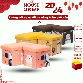 Thùng vải đựng đồ chơi trẻ em, thùng đựng đồ kiêm ghế đôn đa năng, họa tiết hoạt hình, gấp gọn tiện ích - HousetoHome