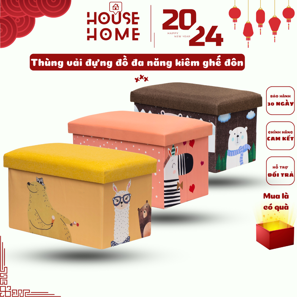 Thùng vải đựng đồ chơi trẻ em kiêm ghế đôn dài đa năng, họa tiết hoạt hình, gấp gọn tiện ích - HousetoHome