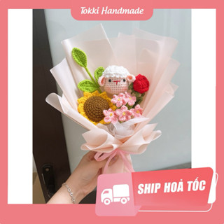 [Sẵn] Bó hoa len handmade mix con vật và các loại hoa, bó hoa len làm quà tặng