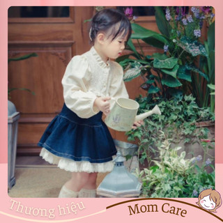 TT302 - (8-30kg) Set áo trắng phối ren và chân váy bò cho bé gái - Momcare Fashion