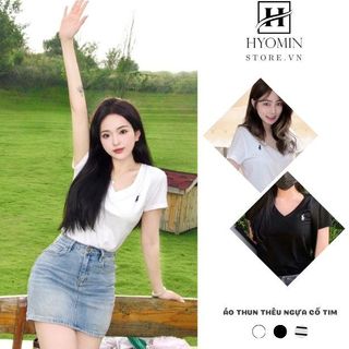 Áo thun giấy thêu ngựa cổ tim, áo thun trơn thêu ngựa hyominstore.vn