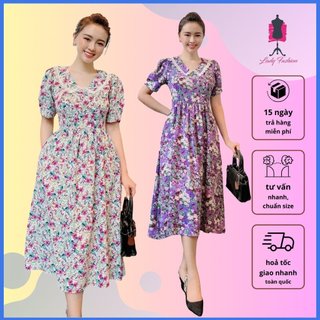 Đầm hoa tiểu thư cổ sen phối viền ren – m04