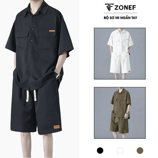 Bộ Quần Áo Nam Kiểu Sơ Mi Tay Ngắn Quần Short Có Túi ZONEF, Sơ Mi Ngắn Tay Vải Thô Kaki Thoáng Mát Menswear Shirt (BD)