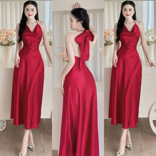 Váy Lụa dự Tiệc Cổ Đỗ Hở Lưng Kèm Dây Cột Nơ Sau Chất Lụa mềm Mịn - TV287