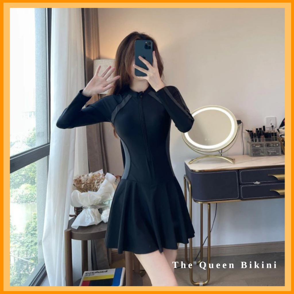 Đồ bơi liền thân nữ Bikini một mảnh kín đáo dạng váy đi biển áo tắm khóa zip tay ngắn & dài size S - 2XL The Queen 082 | BigBuy360 - bigbuy360.vn