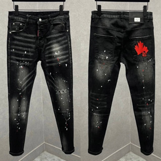  Quần jean nam DSQ cao cấp thêu lá phông đỏ D2 vẩy sơn mẫu mới thời trang trẻ trung sang trọng 