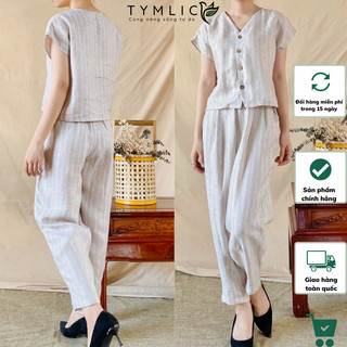 Áo linen cổ v hạ vai phối quần baggy chất liệu linen tưng premium màu xám sọc tymlic