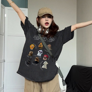 2024 vintage Nâu xám áo phông nữ form rộng Mèo và chó logo in ấn cổ tròn dáng rộng áo thun bigsize 100%cotton