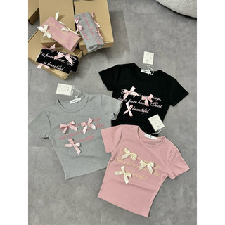 Set 3 áo tăm cộc đính nơ đen ghi hồng