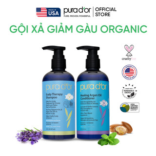 BỘ GỘI XẢ HỮU CƠ GIẢM GÀU, KIỀM DẦU PURA D'OR SCALP THERAPY &HEALING ARGAN OIL 473ML
