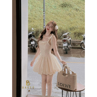 Váy bum 2 dây chấm bi đính hoa ảnh thật trải sàn