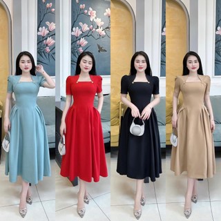 Đầm xòe nữ dự tiệc dáng dài cổ vuông nữ tính duyên dáng